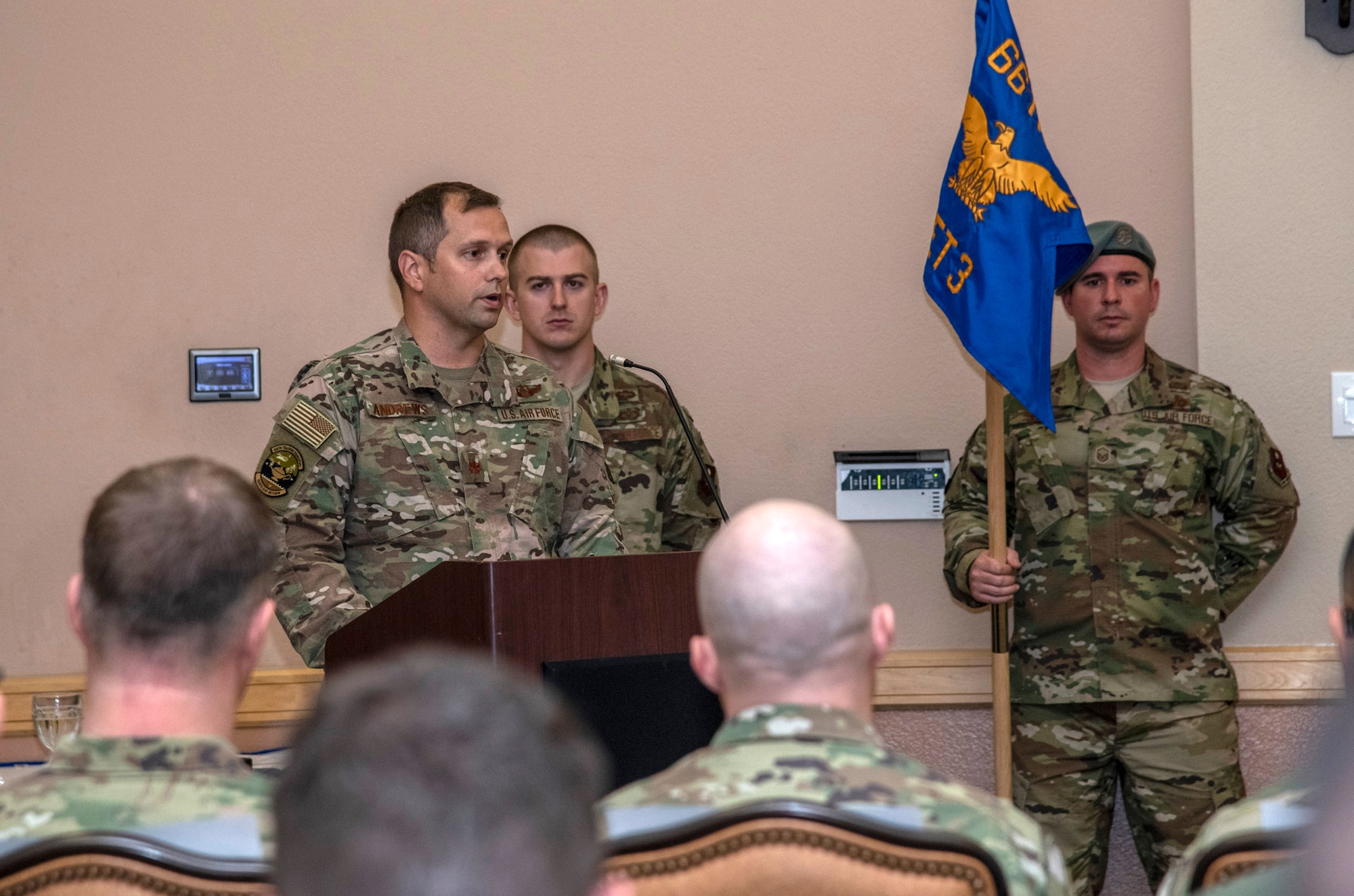 U.S Air Force Maj. Toby A. Andrews, the new 66th Training Squadron, Detachment 3 commander, provides remarks during the 66th TRS, Det. 3, change of command ceremony June 7, 2019, at Joint Base San Antonio-Lackland, Texas. The 66th TRS, Detachment 3, is responsible for providing environmentally specific trained and globally qualified Airmen in Survival, Evasion, Resistance and Escape (SERE) courses.  The detachment selects and trains over 6,000 pipeline technical training Airmen a year in the proper use of principles, techniques, equipment, and procedures necessary to survive anywhere in the world. (U.S. Air Force photo/Johnny Saldivar)