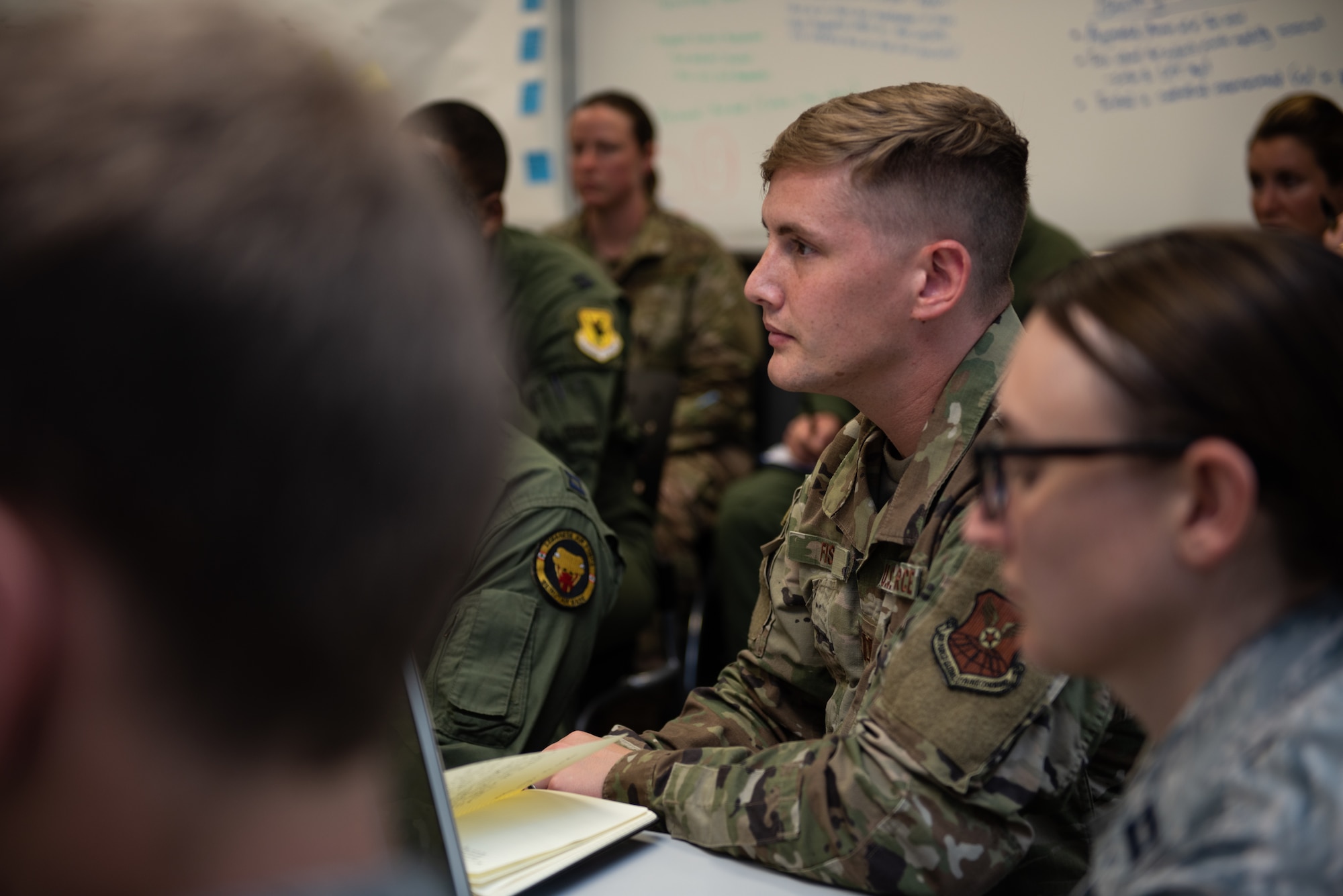 A Squadron Officer School students listen as they recieve initial feedback on their Think Tank elective presentation, May 31, 2019, Maxwell Air Force Base, Alabama. The students were given the challenge to figure out how Artificial Intelligence could be used to solve Air Force issues and better processes.