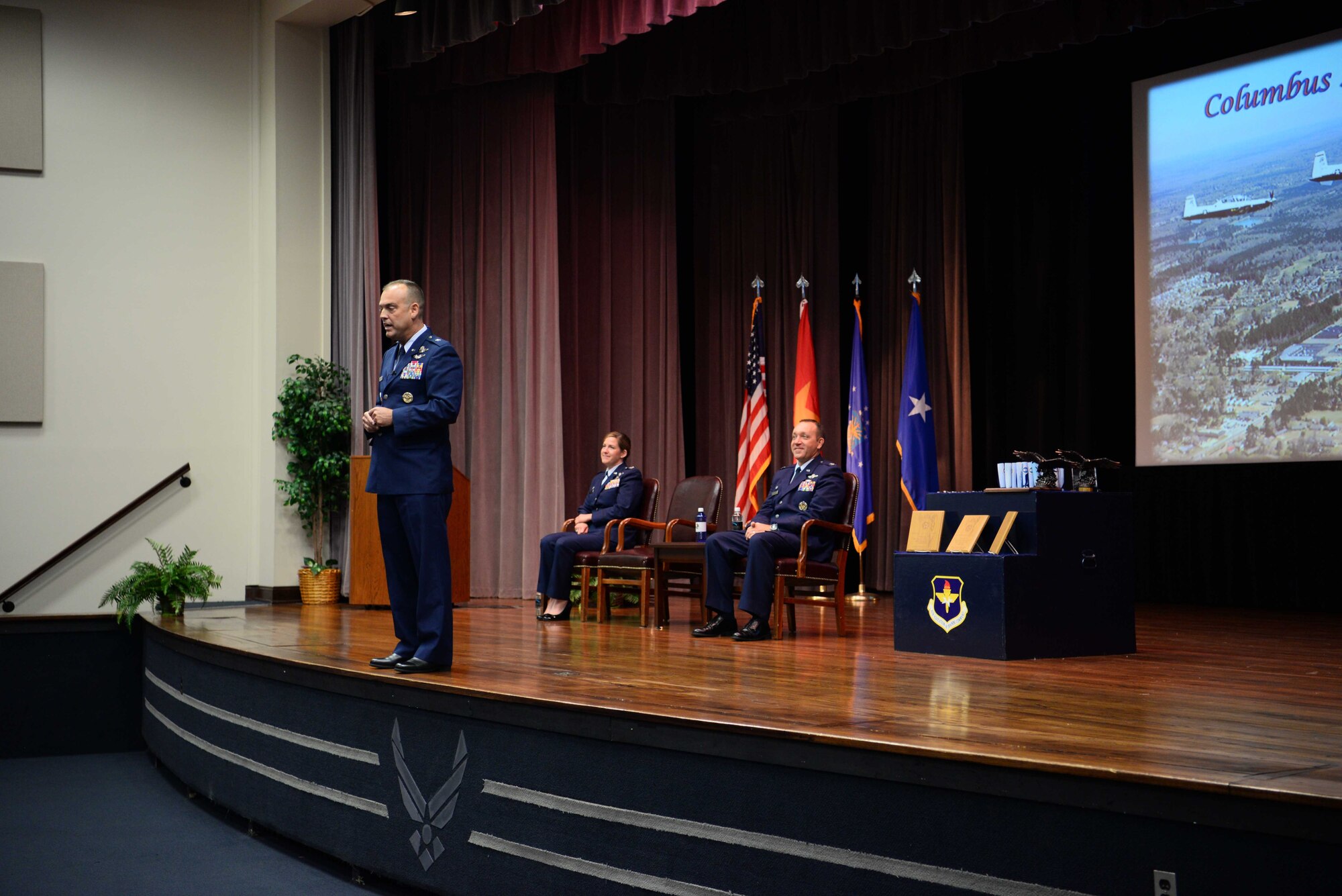 Brig. Gen. Edward Vaughan, Special Assistant to the Director of Training and Readiness, Deputy Chief of Staff for Operations, speaks at the Kaye Auditorium to celebrate the graduation of class 19-10/16 May 31, 2019, on Columbus Air Force Base, Miss. As the pilots get ready to embark on their first assignment they receive a guest speaker at their graduation to send them off with confidence. (U.S. Air Force photo by Airman 1st Class Jake Jacobsen)