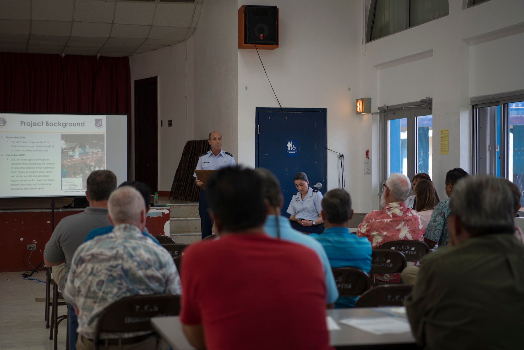 Members of the Tinian government and local community meet with U.S. Air Force representatives at the Tinian Elementary School, Commonwealth of the Northern Mariana Islands, during a public hearing discussing the impact of new fuel pipeline construction and their effect on the local environment and economy June 6, 2019.