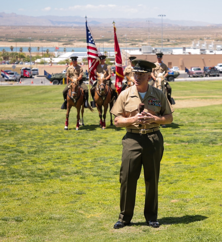 U.S. Marine Corps Col. Kenneth R. Kassner, director, Tactical Training Exercise Control Group, Marine Air Ground Task Force Training Command, gives remarks during his retirement ceremony at Marine Corps Air Ground Combat Center, Twentynine Palms, Calif., May 31, 2019. Kassner retired after 28 years of service in the Marine Corps (U.S. Marine Corps photo by Lance Cpl. Christy Yost)