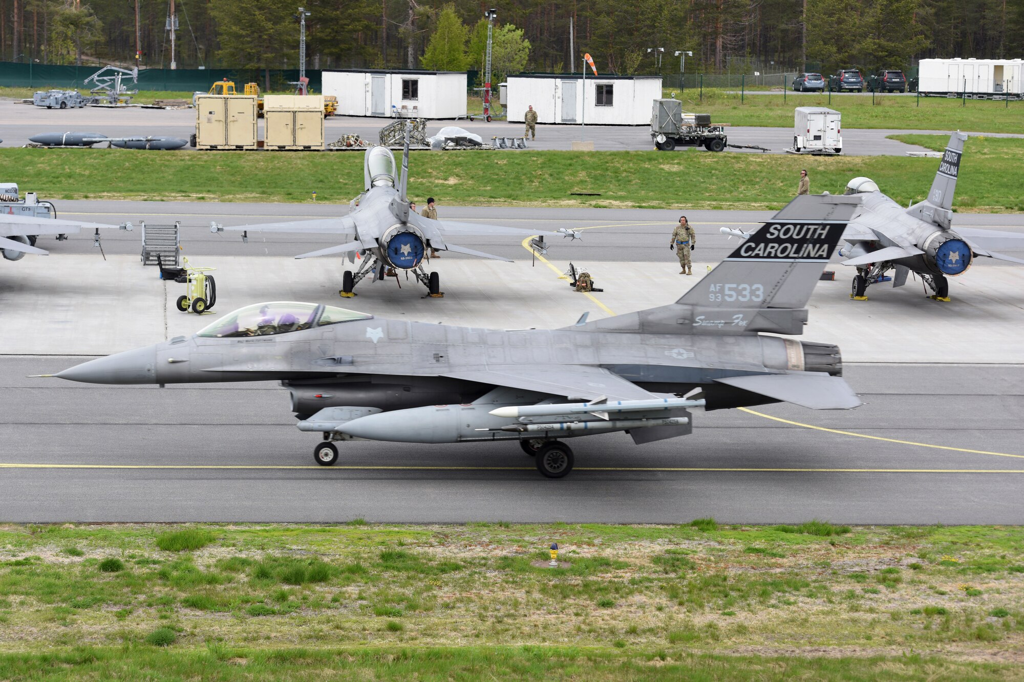 A U.S. Air Force F-16C Block 52 Fighting Falcon assigned to the Air National Guard’s 169th Fighter Wing from McEntire Joint National Guard Base, S.C.