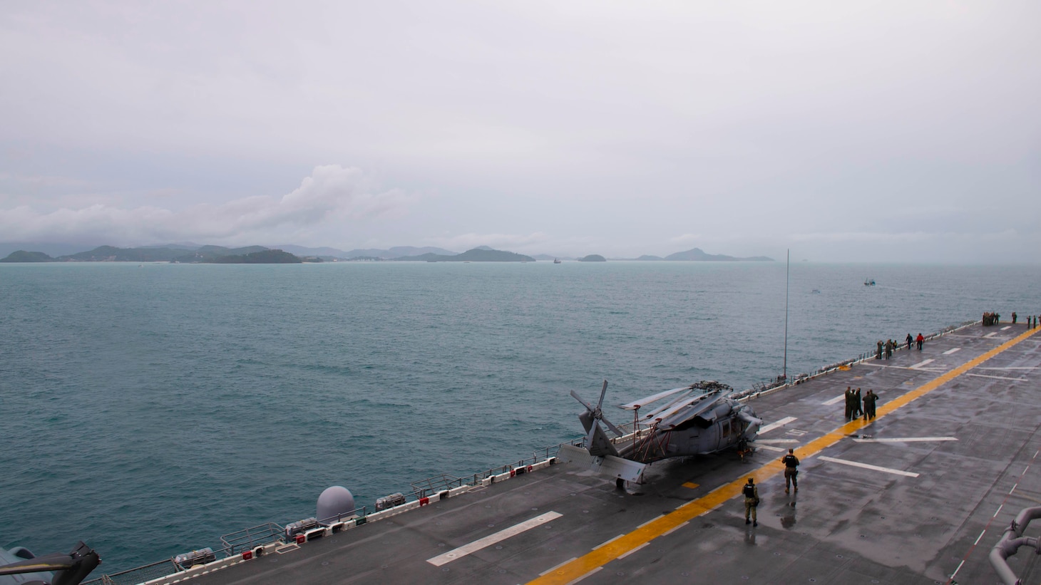 PHUKET, Thailand (June 8, 2019) Amphibious assault ship USS Boxer (LHD 4) anchors off the coast of Phuket, Thailand during a scheduled port visit . The Boxer Amphibious Ready Group (ARG) and 11th Marine Expeditionary Unit (MEU) are deployed to the U.S. 7th Fleet area of operations to support regional stability, reassure partners and allies, and maintain a presence to respond to any crisis ranging from humanitarian assistance to contingency operations.