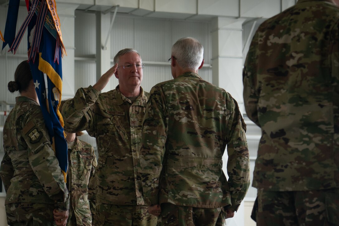 Col. Jeffrey Van Dootingh, 403rd Wing commander, renders a salute to Maj. Gen. Craig L. La Fave, 22nd Air Force commander, during the wing change of command ceremony June 9, 2019, at Keesler Air Force Base, Mississippi. (U.S. Air Force photo by Staff Sgt. Shelton Sherrill)