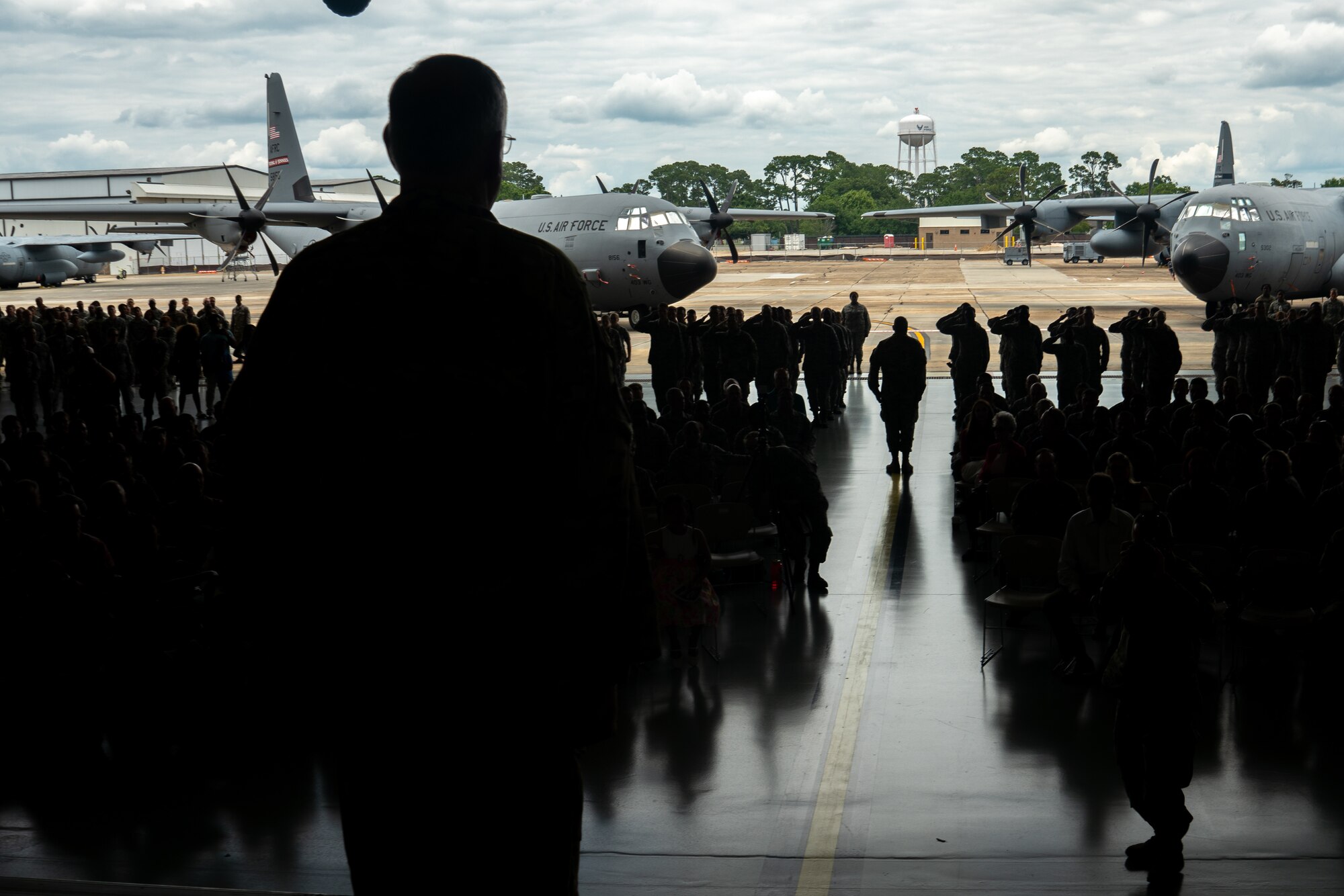 Reserve Citizen Airmen, family and friends welcome the new commander during the 403rd Wing Change of Command Ceremony June 9, 2019, at Keesler Air Force Base, Mississippi. (U.S. Air Force photo by Staff Sgt. Shelton Sherrill)