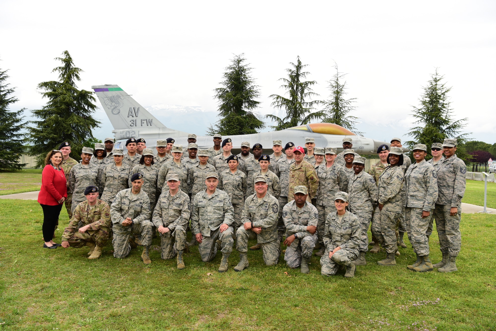 Members from the 111th Attack Wing from Horsham Air Guard Station, Pennsylvania pose for a group picture at Aviano Air Base, Italy, May, 8. Members from the 111th AW had the opportunity to work alongside members from the 31st Fighter Wing at Aviano. (U.S. Air Force photo by Senior Airman Heidi Goodsell)