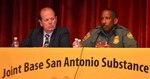 Shane Bonnette (left), South Texas High Intensity Drug Trafficking Areas program training coordinator, and Sammie Anderson (right), U.S. Custom and Border Patrol assistant chief patrol agent, discuss the causes and effects of opioids and illegal drug use on society and strategies to combat it at a community forum at Joint Base San Antonio-Fort Sam Houston June 7. Representatives from federal, local and military law enforcement agencies attended the forum, titled “The State of the Community Report: Understanding the Opioids and Illegal Drug Crisis from a Law Enforcement Perspective,” which was hosted by the Joint Base Substance Abuse Program at the Fort Sam Houston Theater.
