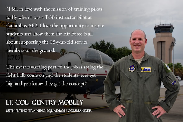 Lt. Col. Gentry Mobley, 85th Flying Training Squadron commander, pointed out the world of U.S. Air Force pilot training is going through once-in-a-lifetime changes. “When I went through pilot training, I graduated with 200 hours of flying,” said Mobley. “Students now graduate with about 120 hours. The question is how we leverage technology to bridge the gap and ensure our students have the foundation to defend the nation.” (U.S. Air Force graphic by Senior Airman Anne McCready)