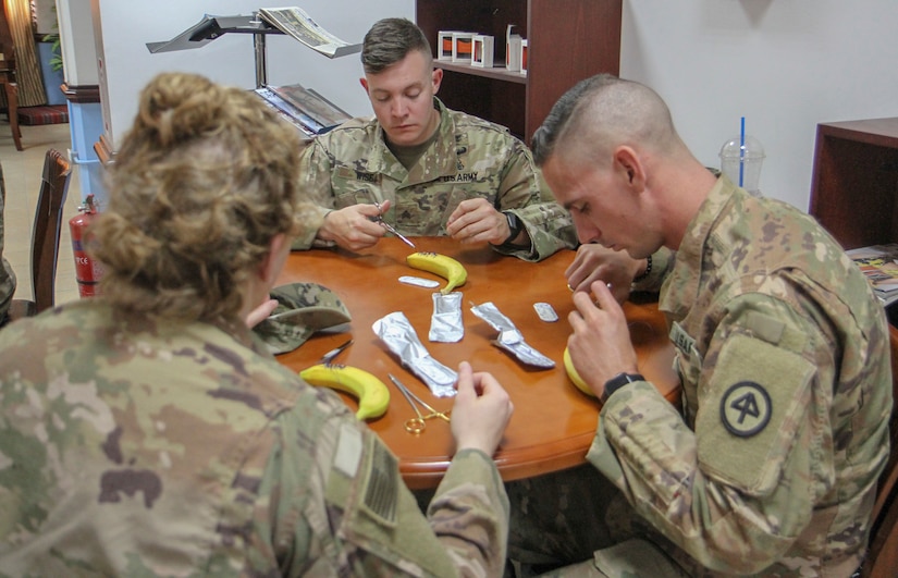 Army Sgt. Kenneth Wise, center, medical platoon sergeant, Headquarters and Headquarters Company, 1st Battalion, 114th Infantry Regiment, New Jersey Army National Guard, practices his suturing technique on a banana peel as part of training to treat military working dogs. Also participating in the training with Wise are Sgt. Joseph Fiore, right, medic, and 1st Lt. Ellia Miller, medical logistics officer, both with HHC, 1st Bn., 114th Inf. Rgt.