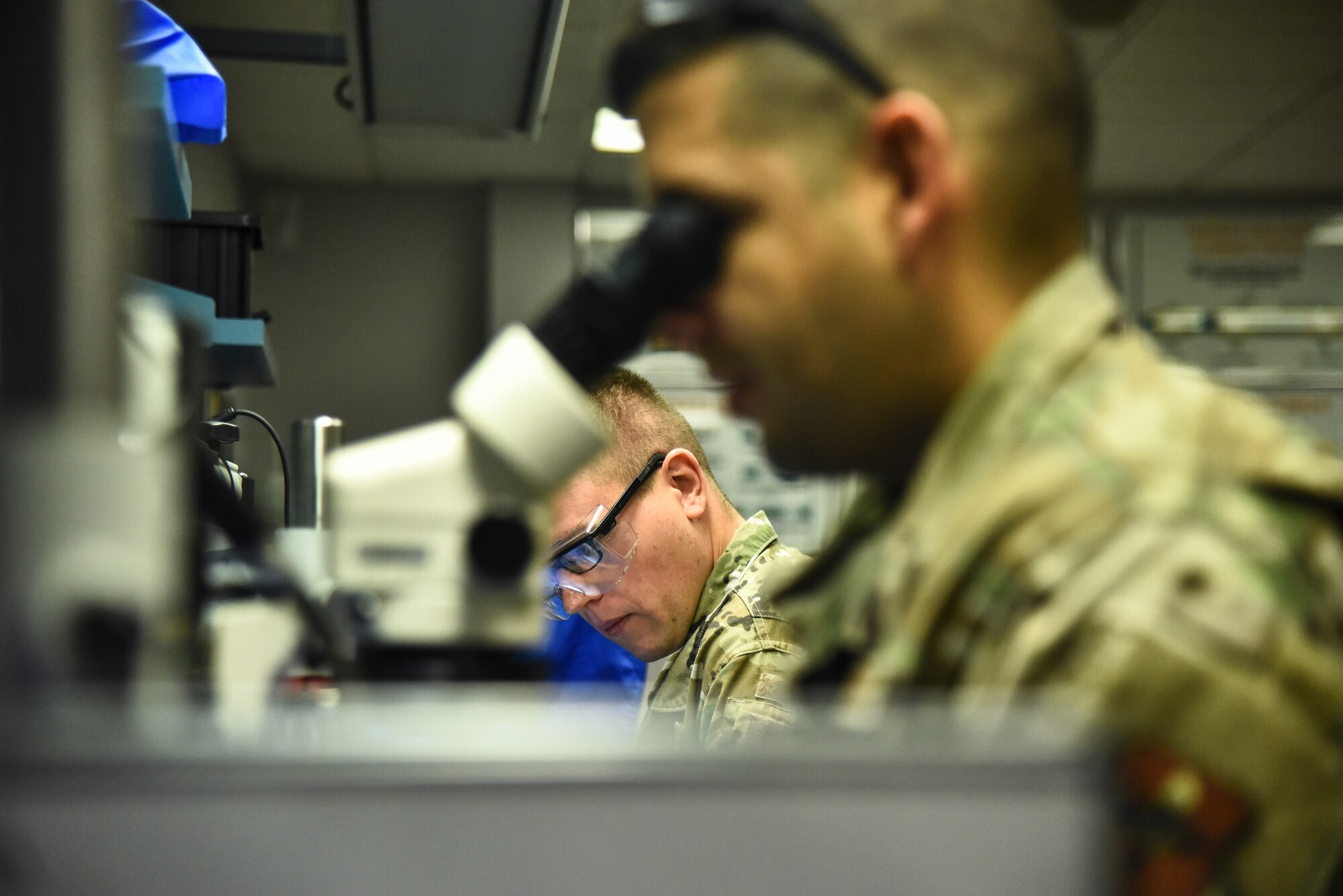 Students assigned to the 372d Training Squadron, Detachment 11, solder microchips at Davis-Monthan Air Force Base, Ariz., June 4, 2019. The 372d TRS, Det. 11, is a unit specifically dedicated to improving maintenance Airmen skills surrounding the many lethal aircraft assigned to the 355th Wing at D-M. (U.S. Air Force photo by Senior Airman Mya M. Crosby)