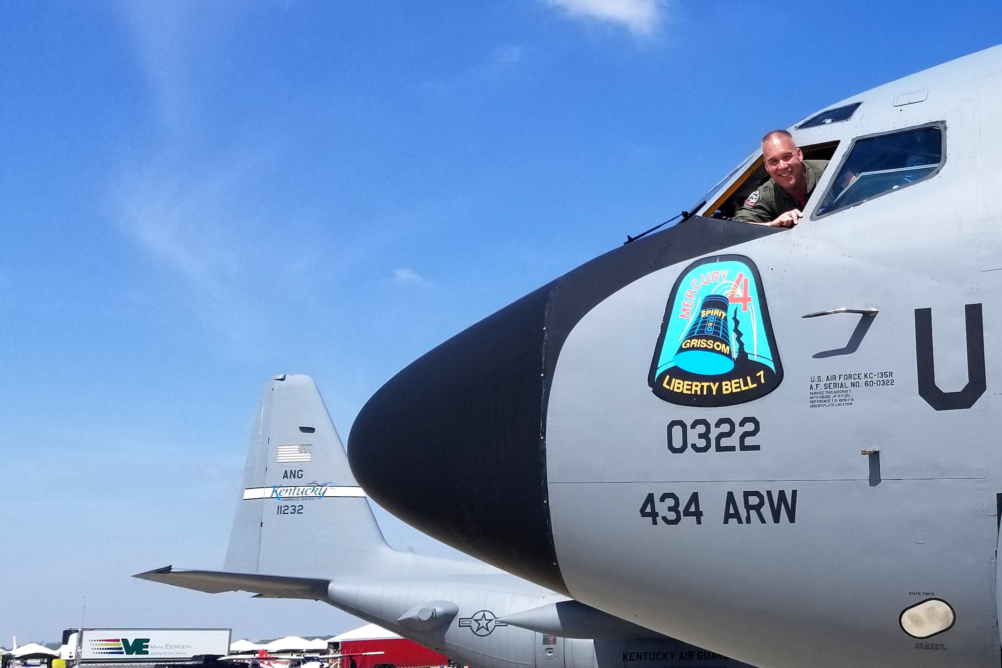 Lt. Col. Brian Thompson, 434th Operations Group chief of standardization and evaluation, waves from the cockpit of a KC-135R Stratotanker during the Fort Wayne, Indiana air show June 7, 2019. During the event 15 Airman from the Hoosier Wing and two KC-135’s provided support educating visitors about the Air Force.  (U.S. Air Force photo/Master Sgt. Ben Mota)