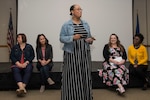 New military spouses receive briefings from members of the Military and Family Readiness Center and Key Spouses during a spouse orientation seminar April 5, 2018, Joint Base San Antonio-Lackland, Texas.