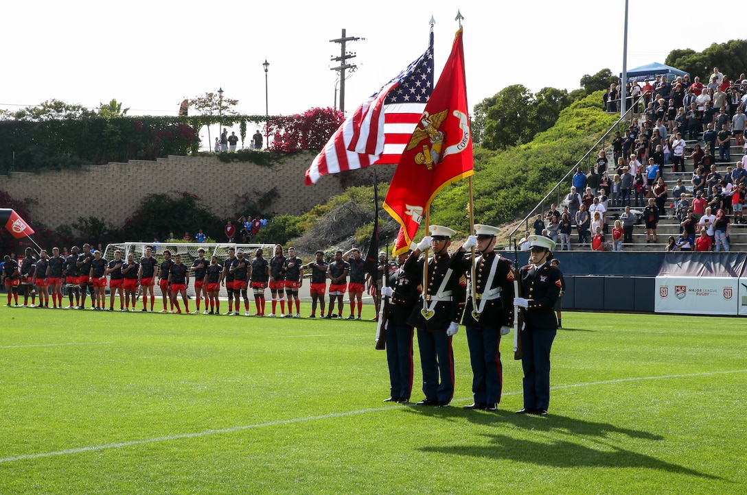 Marine Corps Air Station Miramar Color Guard presents Colors during the National Anthem at Torero Stadium, Calif., June 2. Marines from MCAS Miramar were given the opportunity to attend San Diego Legion’s home game in honor of their Military Appreciation Day. (U.S. Marine Corps photo by Sgt. Sarah Ralph)
