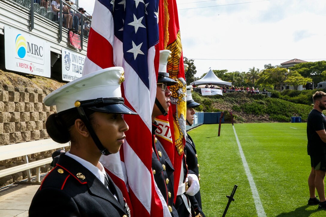 Marine Corps Air Station Miramar Color Guard awaits for the presentation of Colors at Torero Stadium, Calif., June 2. Marines from MCAS Miramar were given the opportunity to attend San Diego Legion’s home game in honor of their Military Appreciation Day. (U.S. Marine Corps photo by Sgt. Sarah Ralph)