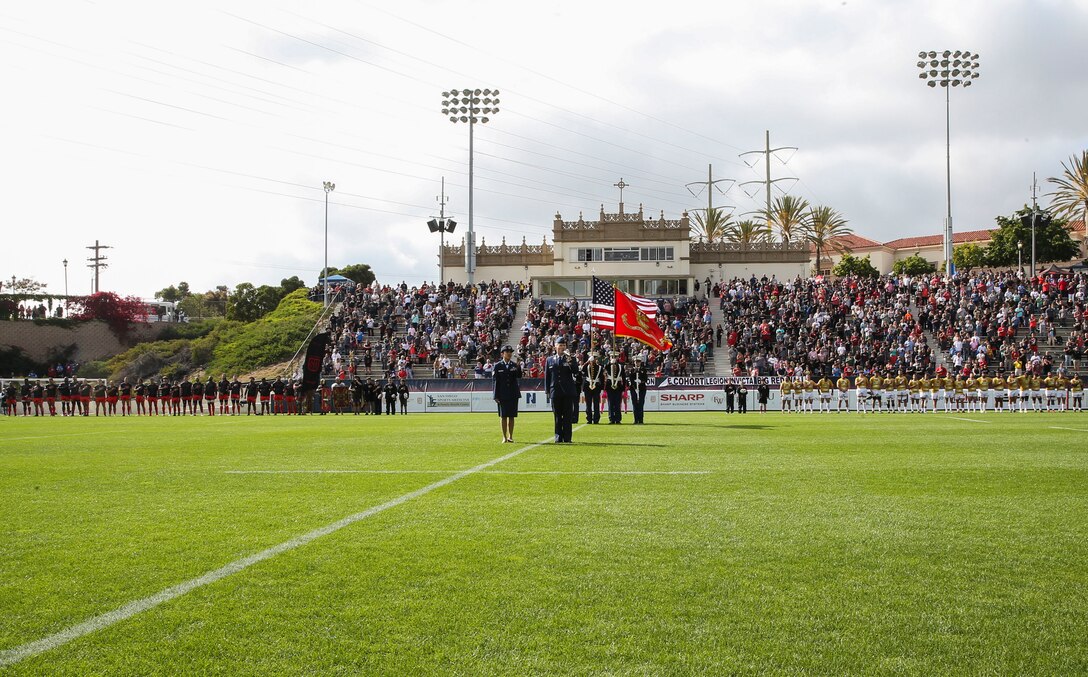 Marine Corps Air Station Miramar Color Guard presents Colors during the National Anthem at Torero Stadium, Calif., June 2. Marines from MCAS Miramar were given the opportunity to attend San Diego Legion’s home game in honor of their Military Appreciation Day. (U.S. Marine Corps photo by Sgt. Sarah Ralph)