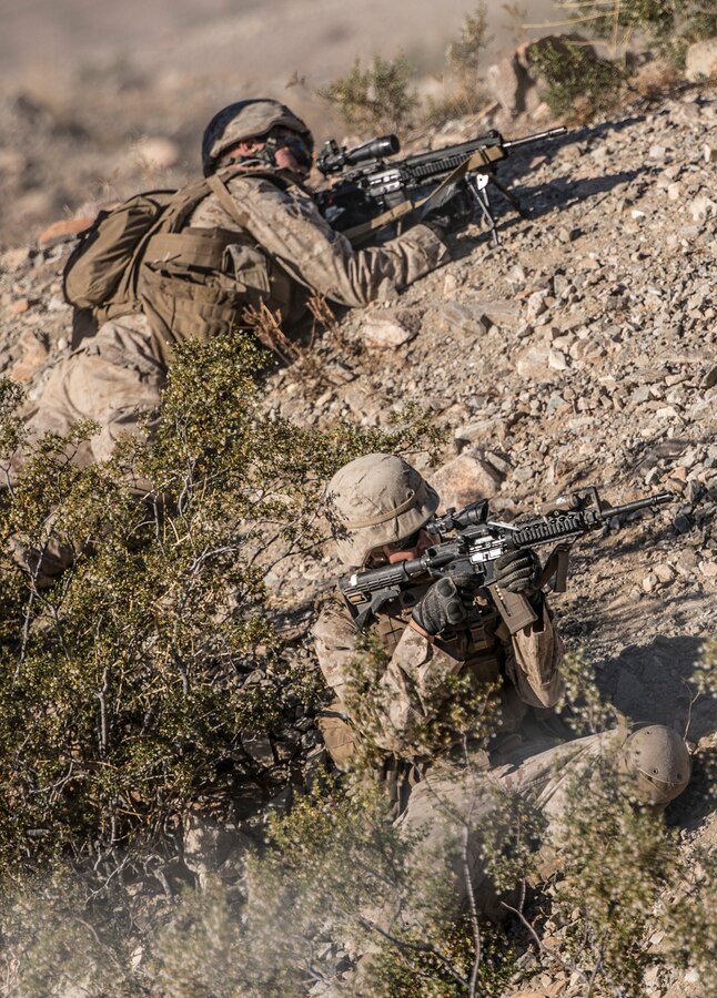 U.S. Marines with India Company, 3rd Battalion, 25th Marine Regiment, 4th Marine Division engage the enemy in a platoon attack on Range 410, an overhead fire infantry company training range, during Integrated Training Exercise 4-19 at Marine Corps Air Ground Combat Center Twentynine Palms, Calif., June 9, 2019. ITX 4-19 is an essential component of the Marine Forces Reserve training cycle. It serves as the principal exercise for assessing a unit’s readiness. (U.S. Marine Corps photo by Cpl. Tessa D. Watts)
