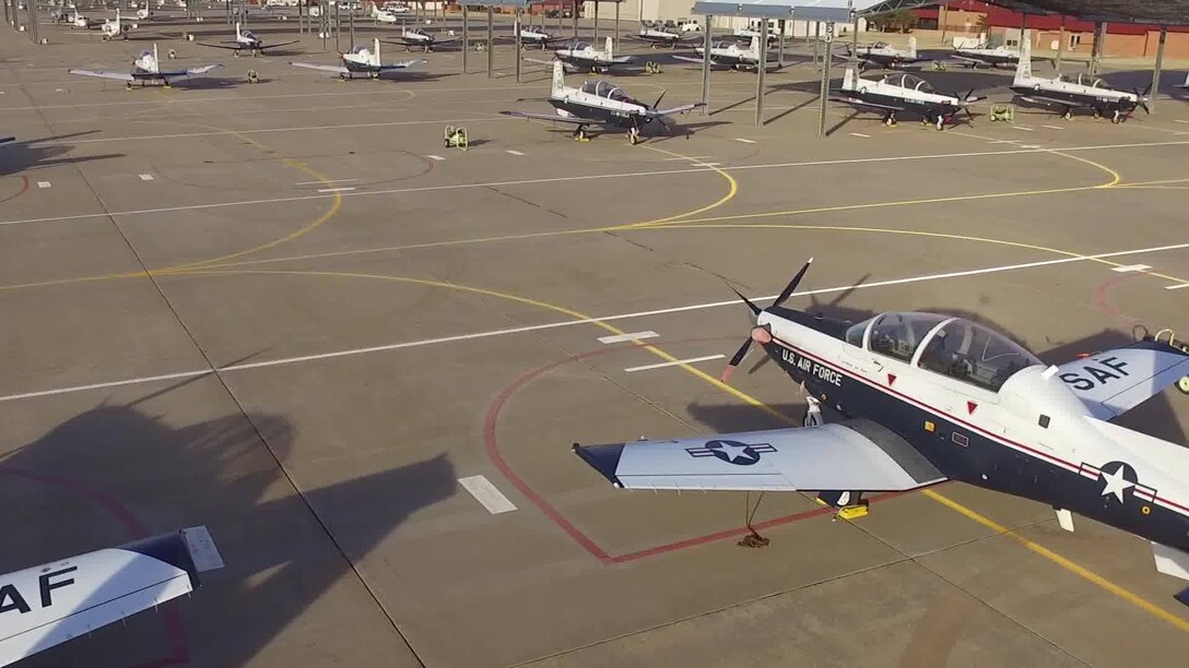 T-6 Texan II aircraft parked on the ramp at Vance Air Force Base, Okla., June 14, 2017.  The Air Force is looking at ways to procure hardware upgrades like the enhanced OBOGS faster and smarter, increase basic science and research, and collect and apply new research data into acquisitions standards in order to properly address the broader issue of physiological events that cuts across all manned aviation. (U.S. Air Force photo by David Poe)