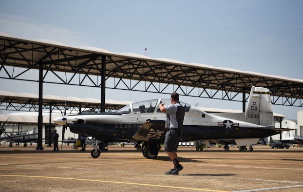 A T-6 Texan II taxis for takeoff July 2, 2018, at Columbus Air Force Base, Miss. The Air Force is looking at ways to procure hardware upgrades like the enhanced OBOGS faster and smarter, increase basic science and research, and collect and apply new research data into acquisitions standards in order to properly address the broader issue of physiological events that cuts across all manned aviation. (U.S. Air Force photo by Airman 1st Class Keith Holcomb)