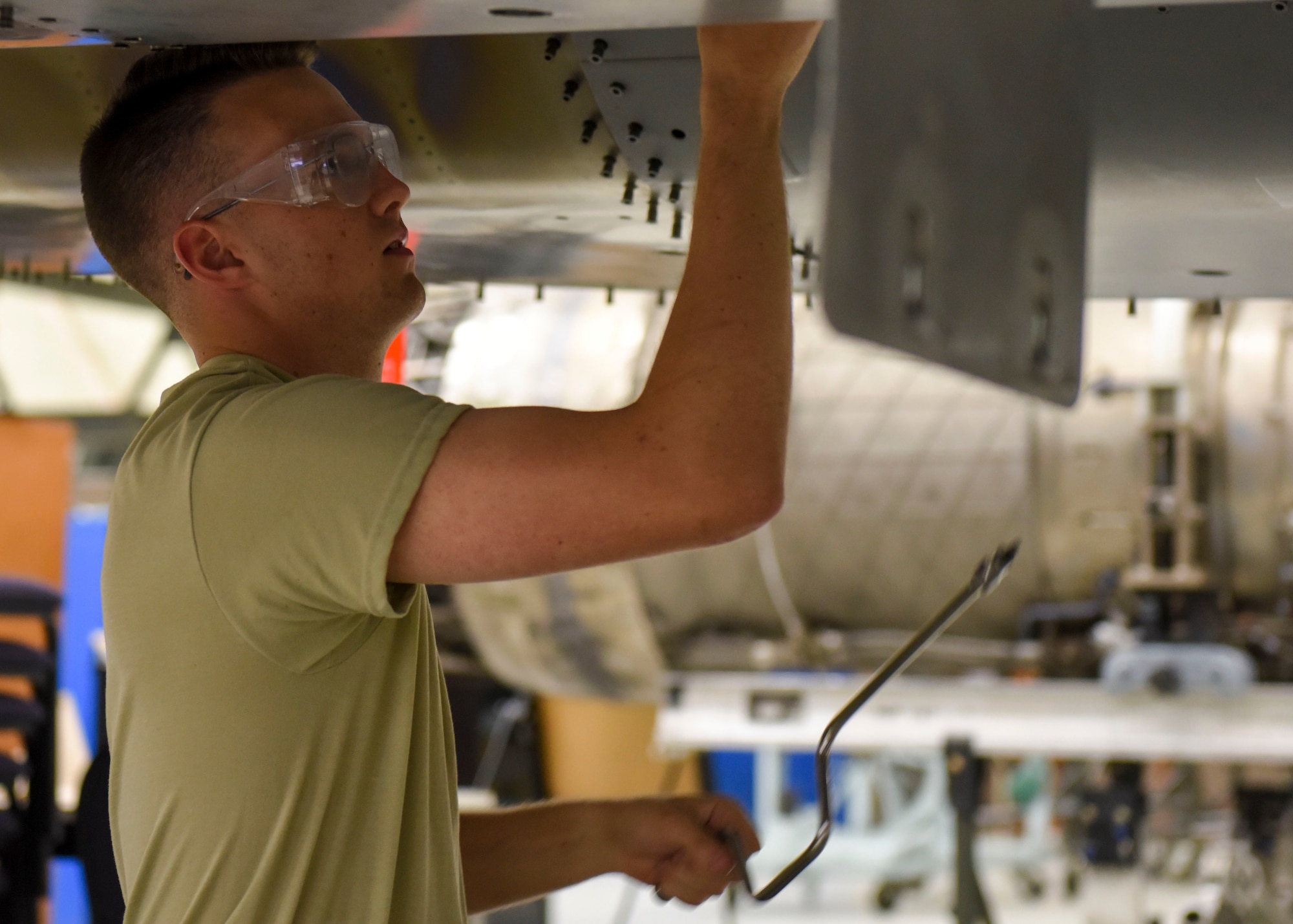 Airman 1st Class Daniel Hawkins, 361st Training Squadron aerospace propulsion apprentice, prepares a McDonnell Douglas F-15 Eagle for engine removal at Sheppard Air Force Base, Texas, Jun. 10, 2019. Hawkins, an ACE award recipient, received a score of 100% on all of his progress checks and block tests during his training course. Hawkins enjoys the challenges that along come with his job. (U.S. Air Force photo by Senior Airman Ilyana A. Escalona)