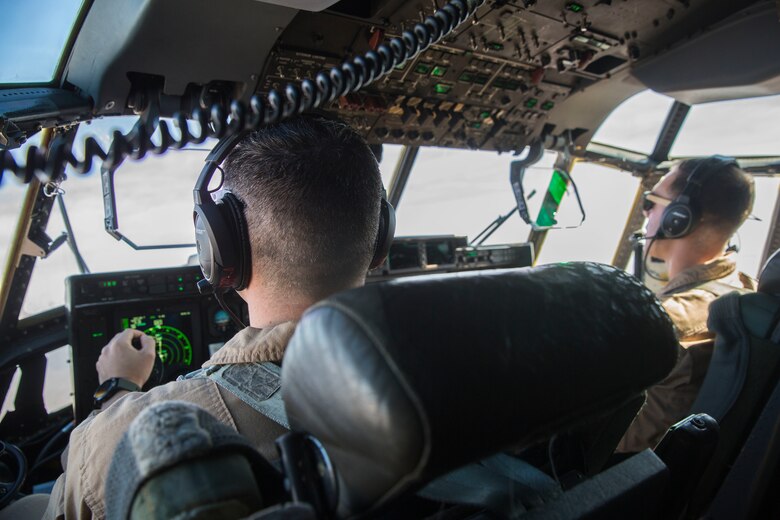 U.S. Marine Corps Capt. Robert Attebury, a KC-130 Hercules Pilot assigned to Marine Aerial Refueler Squadron (VMGR) 252, fly the C-130 in support of Weapons and Tactics Instructor course near Marine Corps Air Station Yuma, Ariz., April 3, 2019. (U.S. Marine Corps photo by Cpl. Sabrina Candiaflores)