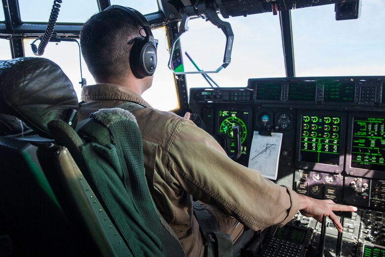 U.S. Marine Corps Capt. Robert Attebury, a KC-130 Hercules Pilot assigned to Marine Aerial Refueler Squadron (VMGR) 252, fly the C-130 in support of Weapons and Tactics Instructor course near Marine Corps Air Station Yuma, Ariz., April 3, 2019. (U.S. Marine Corps photo by Cpl. Sabrina Candiaflores)