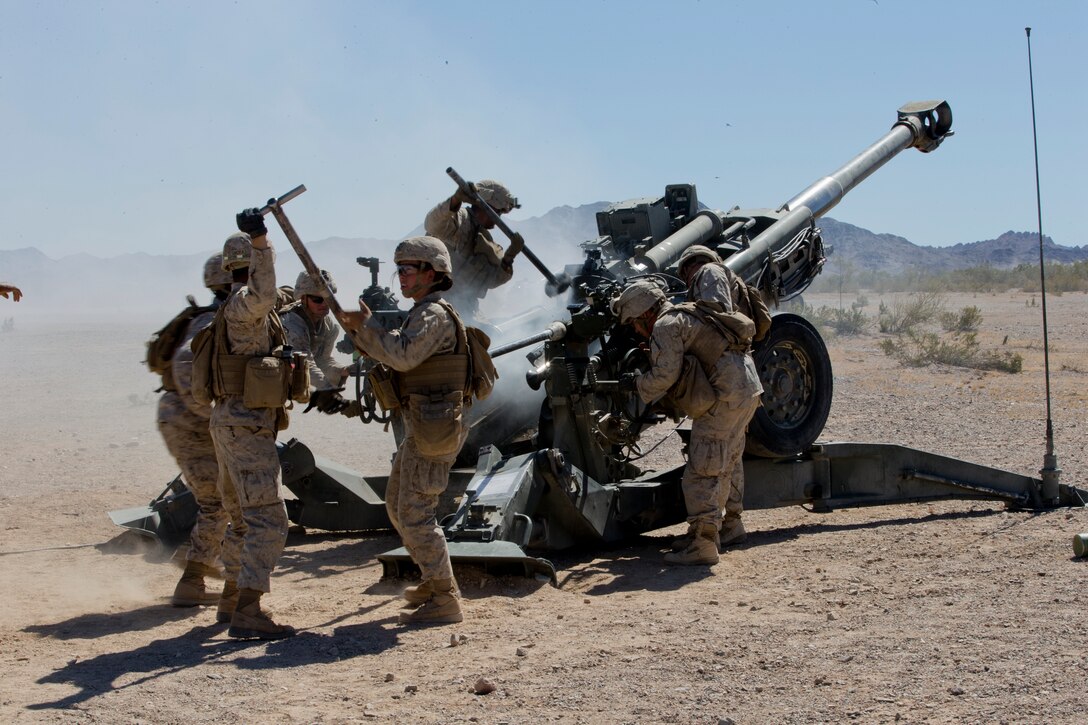 U.S. Marines with India Battery, 11th Marine Regiment, 1st Marine Division, conduct a live fire exercise as part of Weapons and Tactics Instructor (WTI) course 2-19 in Yuma Ariz., April 17, 2019. WTI is a seven week training event hosted by Marine Aviation Weapons and Tactics Squadron One, which emphasizes operational integration of the six functions of Marine Corps aviation in support of a Marine Air Ground Task Force. (U.S. Marine Corps photo by Lance Cpl. Andres Hernandez)