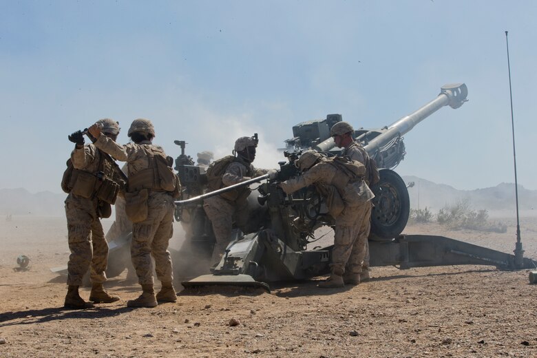 U.S. Marines with India Battery, 11th Marine Regiment, 1st Marine Division, conduct a live fire exercise as part of Weapons and Tactics Instructor (WTI) course 2-19 in Yuma Ariz., April 17, 2019. WTI is a seven week training event hosted by Marine Aviation Weapons and Tactics Squadron One, which emphasizes operational integration of the six functions of Marine Corps aviation in support of a Marine Air Ground Task Force. (U.S. Marine Corps photo by Lance Cpl. Andres Hernandez)