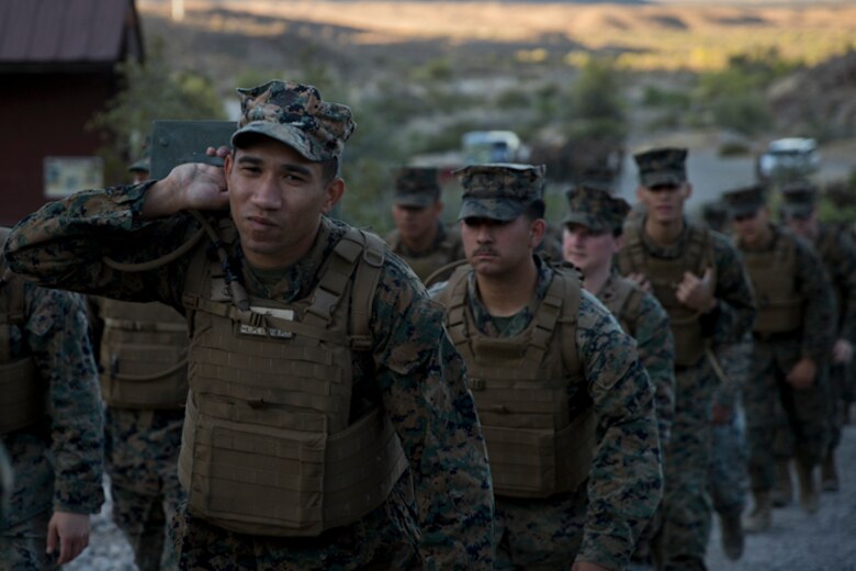 U.S. Marines with Marine Aviation Logistics Squadron (MALS) 13 hike up telegraph as part of a unit training event in Yuma Ariz., 18, 2019. The purpose of this hike was to promote unit moral within MALS-13. (U.S. Marine Corps photo by Pfc. John Hall)