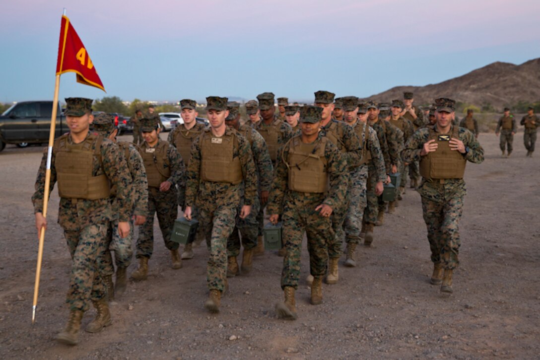 U.S. Marines with Marine Aviation Logistics Squadron (MALS) 13 hike up telegraph as part of a unit training event in Yuma Ariz., 18, 2019. The purpose of this hike was to promote unit moral within MALS-13. (U.S. Marine Corps photo by Pfc. John Hall)