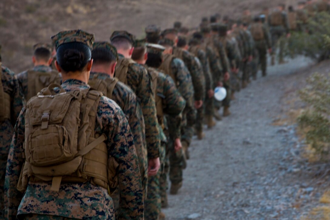 U.S. Marines with Marine Aviation Logistics Squadron (MALS) 13 hike up telegraph as part of a unit training event in Yuma Ariz., 18, 2019. The purpose of this hike was to promote unit moral within MALS-13. (U.S. Marine Corps photo by Pfc. John Hall)