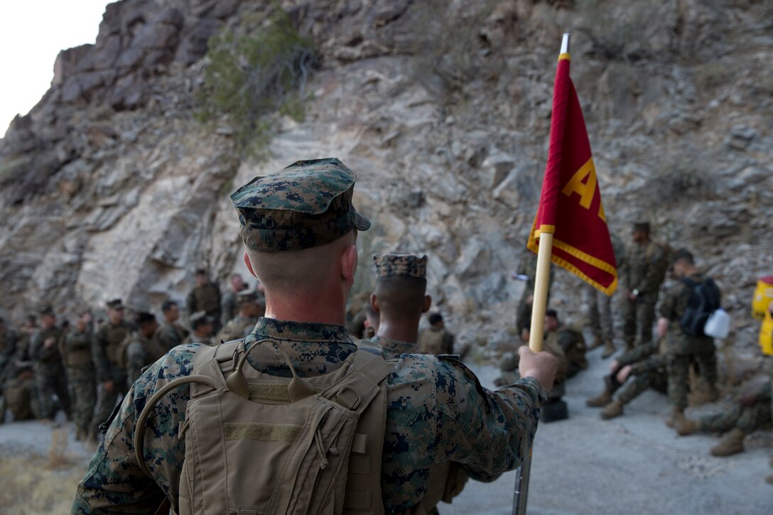 U.S. Marines with Marine Aviation Logistics Squadron (MALS) 13 hike up telegraph as part of a unit training event in Yuma Ariz., 18, 2019. The purpose of this hike was to promote unit moral within MALS-13. (U.S. Marine Corps photo by Pfc. John Hall)