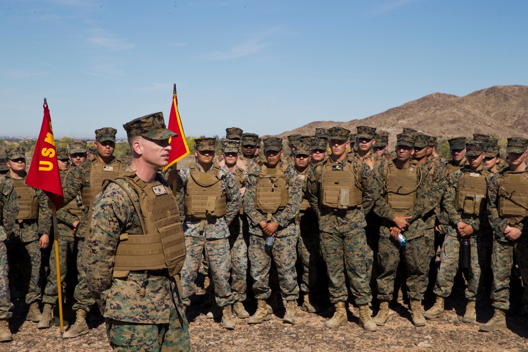 U.S. Marines with Marine Aviation Logistics Squadron (MALS) 13 hike up telegraph as part of a unit training event in Yuma Ariz., 18, 2019. The purpose of this hike was to promote unit moral within MALS-13. (U.S. Marine Corps photo by Pfc. John Hall)
