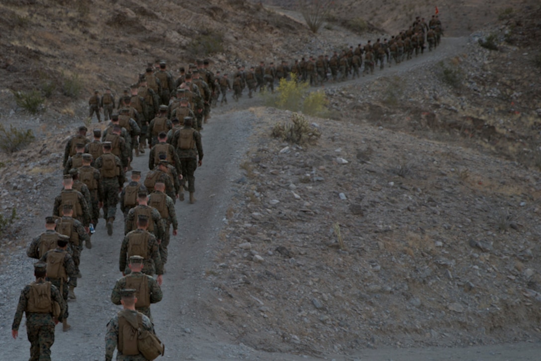 U.S. Marines with Marine Aviation Logistics Squadron (MALS) 13 hike up telegraph as part of a unit training event in Yuma Ariz., 18, 2019. The purpose of this hike was to promote unit moral within MALS-13. (U.S. Marine Corps photo by Lance Cpl. Joel Soriano)
