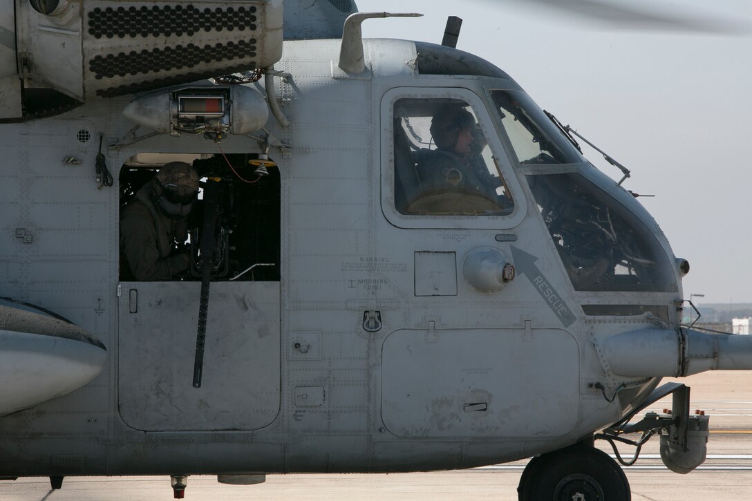 A U.S. Marine Corps CH-53E Super Stallion with Marine Aircraft Group 16 (MAG), 3rd Marine Aircraft Wing (MAW), stages on the flight line during a mass flight exercise at Marine Corps Air Station Miramar, Calif., June 6, 2019. In a dynamic display of strength, the aircraft showcased the tactical capabilities and power the 3rd MAW uses to defend the nation. (U.S. Marine Corps photo by Lance Cpl. Julian Elliott-Drouin)