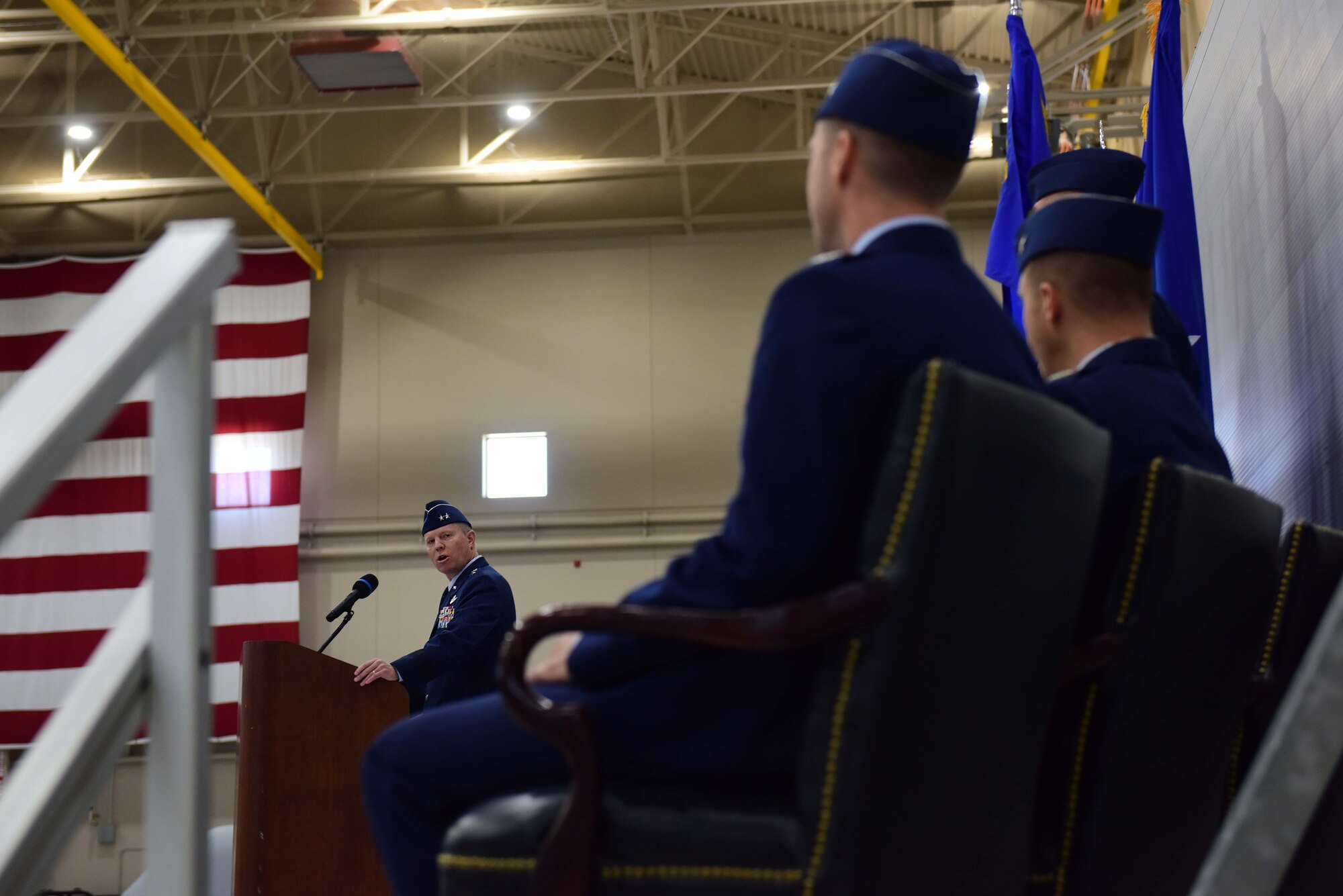Maj. Gen. Andrew Croft, Twelfth Air Force (Air Forces Southern) commander, gives opening remarks during the 432nd WG change of command ceremony at Creech Air Force Base, Nevada, June 7, 2019. Croft recognized   Col. Julian Cheater, outgoing 432nd Wing/432nd Air Expeditionary Wing commander, and welcomed Col. Stephen Jones, incoming 432nd WG/432nd AEW commander. (U.S. Air Force photo by Airman 1st Class Haley Stevens)
