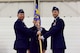 Maj. Gen. Andrew Croft, Twelfth Air Force (Air Forces Southern) commander, presents the 432nd Wing/432nd Air Expeditionary Wing guideon to Col. Stephen Jones, incoming 432nd WG/432nd AEW commander, during the wing change of command ceremony at Creech Air Force Base, Nevada, June 7, 2019. Jones has previously been assigned to multiple squadrons at Creech, flown the B-1 Bomber, MQ-1 Predator and MQ-9 Reaper, and was an initial member of the team that armed the RQ-1 Predator. (U.S. Air Force photo by Airman 1st Class Haley Stevens)