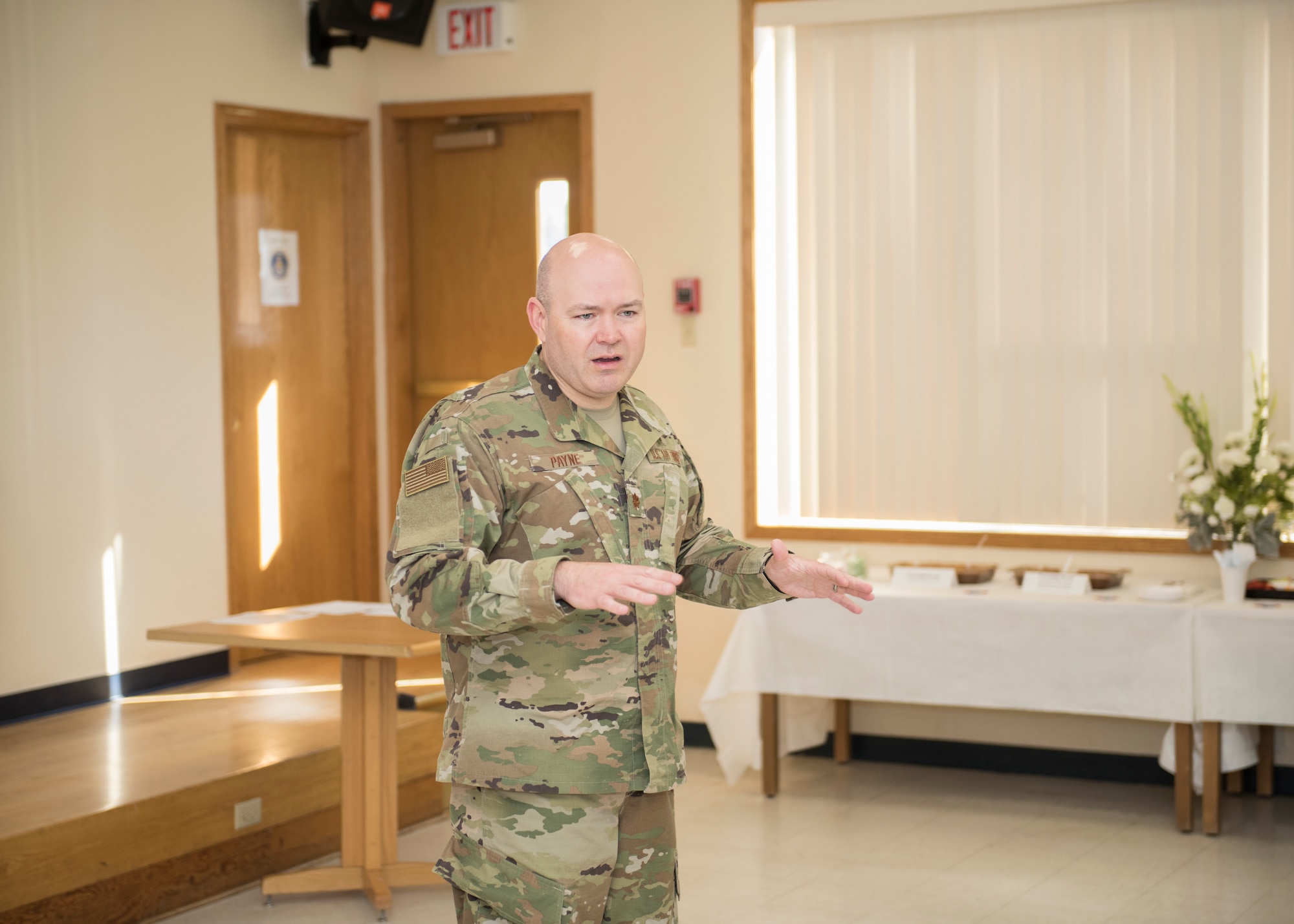 Maj. Joshua Payne, 366th Fighter Wing wing chaplain, speeks at clergy day, June 6, 2019, at Mountain Home Air Force Base, Idaho. The event was held to find ways to support Arimen with different religous backgrounds. (U.S. Air For photo by Senior Airman Tyrell Hall)