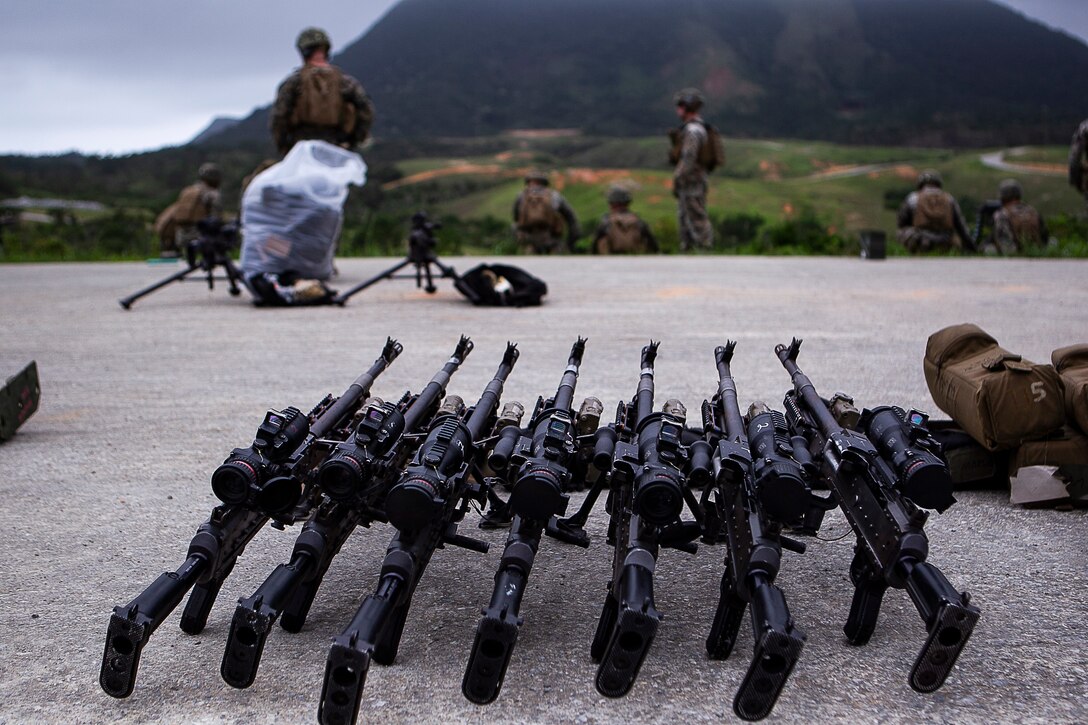 M240B medium machine guns belonging to Weapons Company, Battalion Landing Team, 2nd Battalion, 1st Marines sit ready for training at Camp Schwab, Okinawa, Japan, May 28, 2019. Weapons Company maintains a variety of heavy and medium machine guns, grenade launchers and rockets. BLT 2/1 is the Ground Combat Element for the 31st Marine Expeditionary Unit. The 31st MEU, the Marine Corps’ only continuously forward-deployed MEU, provides a flexible and lethal force ready to perform a wide range of military operations as the premier crisis response force in the Indo-Pacific region. (U.S. Marine Corps photo by Gunnery Sgt. T. T. Parish/Released)