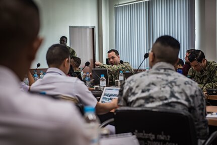 SATTAHIP NAVAL BASE, Thailand (May 31, 2019) Lt. David Copeland, assigned to Destroyer Squadron 7, speaks to sailors from the Royal Thai Navy during a knowledge exchange on the Combined Enterprise Regional Information Exchange System (CENTRIXS) - Cooperative Maritime Forces, Pacific (CMFP) network as part of Cooperation Afloat Readiness and Training (CARAT) Thailand 2019. This year marks the 25th iteration of CARAT, a multinational exercise series designed to enhance U.S. and partner navies’ abilities to operate together in response to traditional and non-traditional maritime security challenges in the Indo-Pacific region.