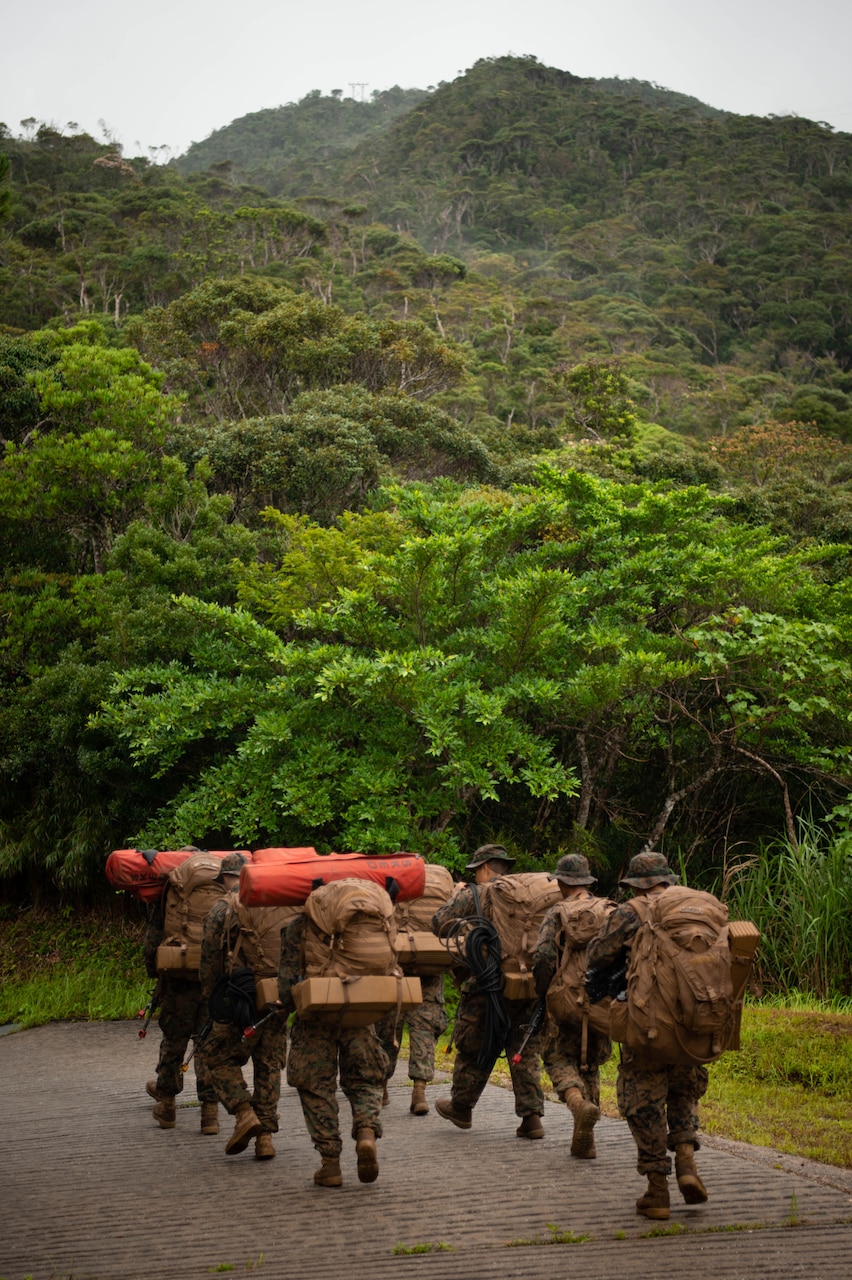 A group of sailors walks down a road with packs on.