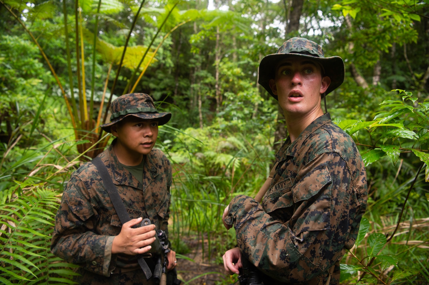 Two sailors stand in the jungle.