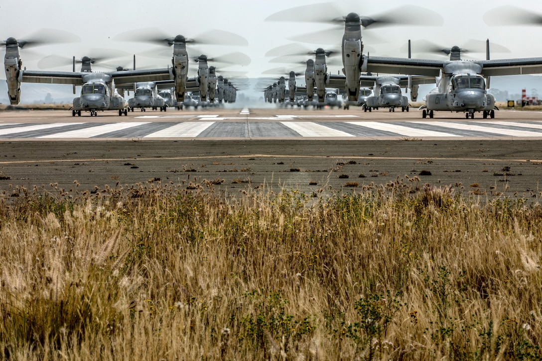 U.S. Marine Corps MV-22B Ospreys with Marine Medium Tiltrotor Squadron 161, Marine Aircraft Group 16, 3rd Marine Aircraft Wing, prepare to fly at Marine Corps Air Station Miramar, Calif., June 6, 2019. In a dynamic display of combat power that featured over 40 aircraft in MAG-16’s mass flight, the aircraft showcased the tactical capabilities and power that the Marine Air Ground Task Force uses to defend the nation.