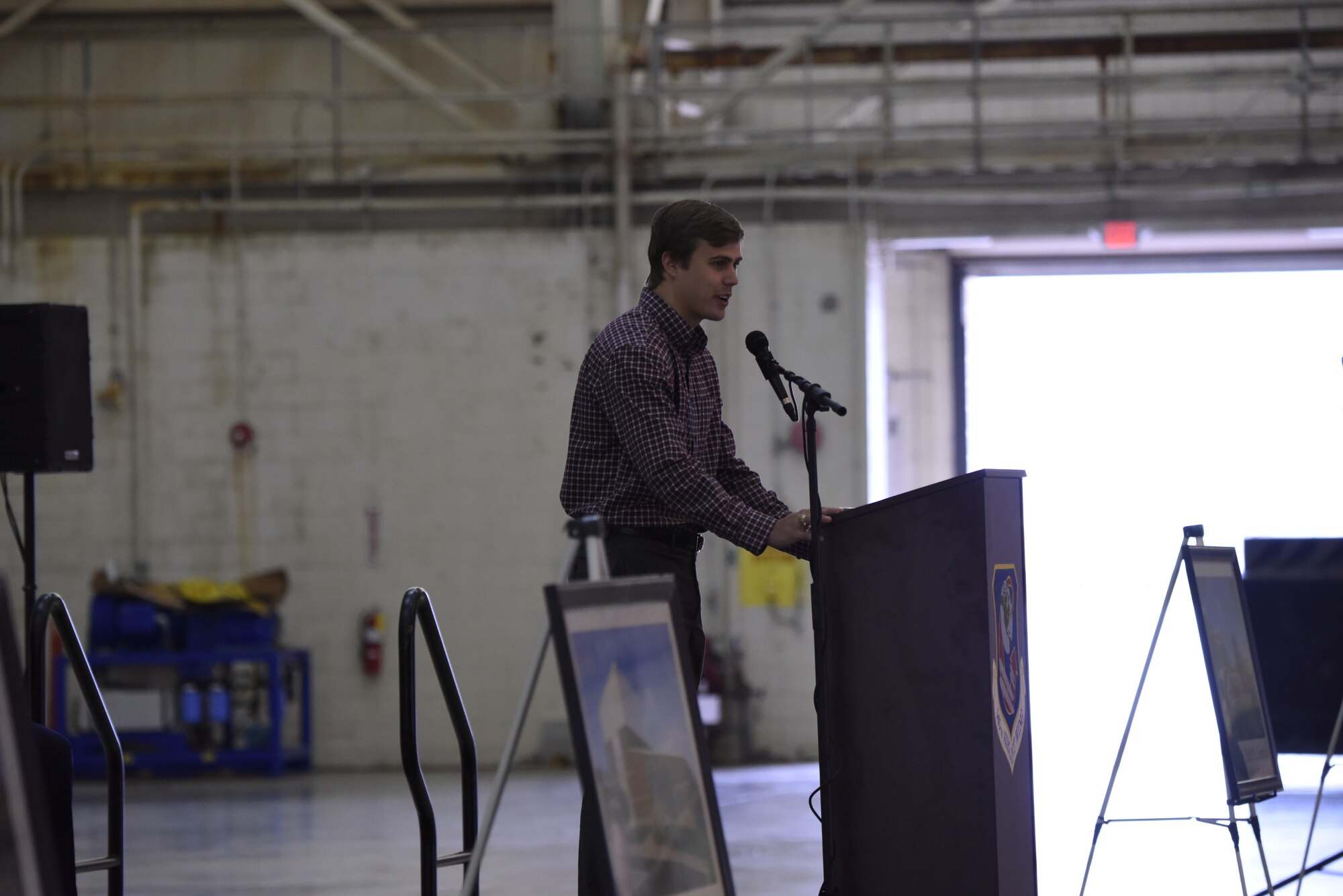 Alex Cannon, son of fallen U.S. Air Force Senior Master Sgt. Robert Cannon delivers a speech during the building dedication ceremony in honor of his father and three other members of the MAFFS 7 crew, at the North Carolina Air National Guard Base, Charlotte Douglas International Airport, June 9, 2019. Senior Master Sgt. Cannon tragically lost his life alongside 3 other C-130 crew members in an aircraft accident in 2012, the 145th Airlift Wing honored his and the other crew members sacrifice by naming four buildings across the wing after each one.