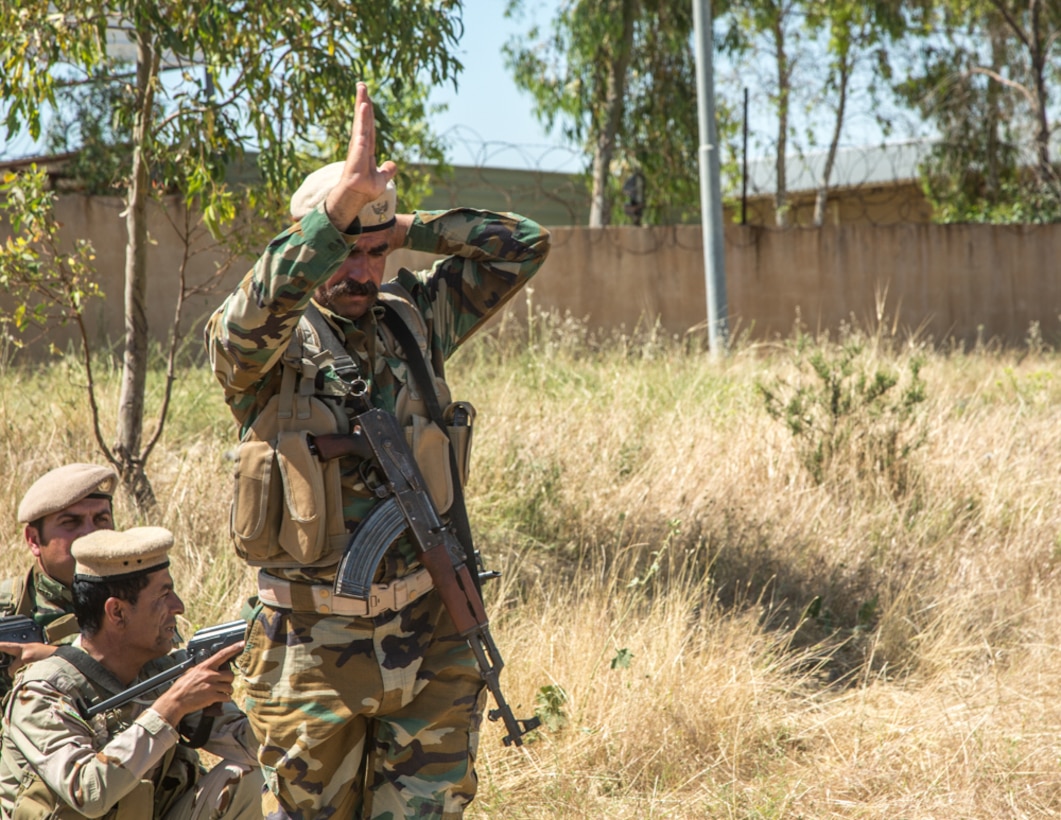 Peshmerga soldiers conduct a squad movement exercise at Bnaslawa Training Center near Erbil, Iraq, May 22, 2019.  The exercise was led by local trainers, under the guidance of Italian Army instructors.  The soldiers are among more than 500 Peshmerga soldiers participating in 10 weeks of training with the support of Coalition Forces.  At the invitation of the Government of Iraq, members of the Global Coalition provide training and advice to local forces in support of the enduring mission to defeat Daesh. (U.S. Army photo by Spc. Kahlil Dash)