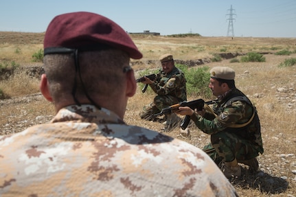 Peshmerga soldiers prepare to conduct a squad attack exercise at Bnaslawa Training Center near Erbil, Iraq, May 22, 2019, under the supervision of instructors from the Italian Army.  The soldiers are among more than 500 Peshmerga soldiers participating in 10 weeks of training with the support of Coalition Forces.  At the invitation of the Government of Iraq, members of the Global Coalition provide training and advice to local forces in support of the enduring mission to defeat Daesh. (U.S. Army photo by Spc. Kahlil Dash)