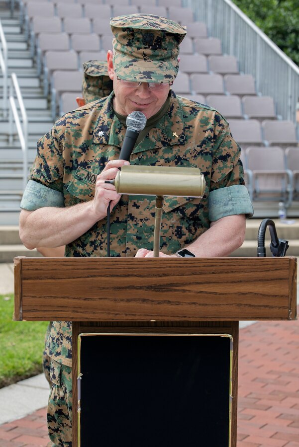 U.S. Navy CDR Ronald C. Nordan, a chaplain with Force Headquarters Group, gives the opening prayer during a ceremony for the deactivation of 2nd Civil Affairs Group and activation of MCAC Alpha and Bravo, June 7, 2019, at Joint Base Anacostia-Bolling in Washington D.C.  In order to build diverse and broadly-capable teams, the Marine Corps will heavily rely on the Reserves' unique ability to identify and provide talented Marines who possess the essential professional military experience and years of civilian expertise. (U.S. Marine Corps imagery by Cpl. Serine Farahi)