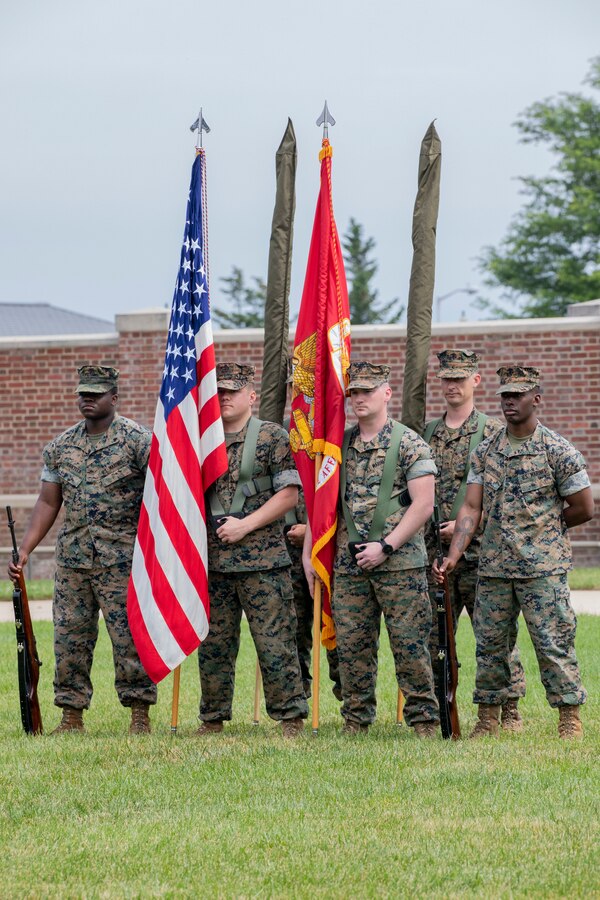 U.S. Marines with Marine Corps Advisor Company Alpha, Force Headquarters Group, color guard display the company colors during a ceremony for the deactivation of 2nd Civil Affairs Group and activation of MCAC Alpha and Bravo, June 7, 2019, at Joint Base Anacostia-Bolling in Washington D.C.  In order to build diverse and broadly-capable teams, the Marine Corps will heavily rely on the Reserves' unique ability to identify and provide talented Marines who possess the essential professional military experience and years of civilian expertise. (U.S. Marine Corps imagery by Cpl. Serine Farahi)