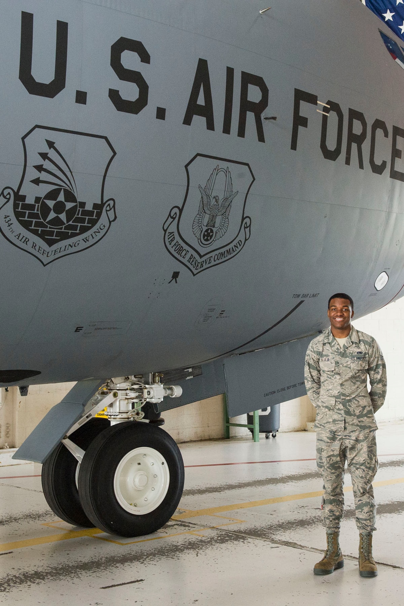 Senior Airman Kenneth Blue III, a 434th aircraft guidance and controls technician, poses for a photo next to a KC-135 Stratotanker at Grissom Air Reserve Base, Ind. June 6, 2019. Blue was recently accepted in the United States Air Force Academy and will undergo a rigorous academic and military training program before commissioning as an officer. 
(U.S. Air Force photo/ Staff Sgt. Courtney Dotson-Essett)