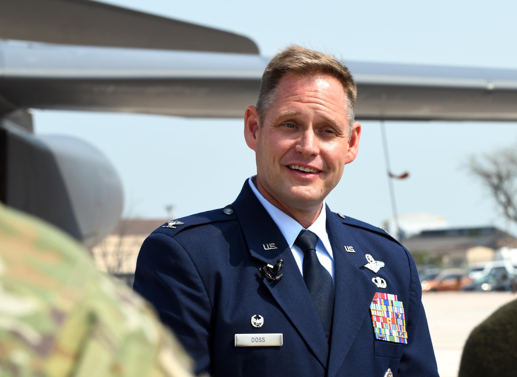 Col. David A. Doss, the 28th Bomb Wing commander, speaks with local media reporters after his change of command ceremony on Ellsworth Air Force Base, S.D., May 30, 2019. As commander, he is responsible for the largest B-1 combat wing in the U.S. Air Force, with a fleet of 27 B-1B Lancers and more than 3,800 Airmen and civilians. (U.S. Air Force photo by Airman 1st Class Christina Bennett)