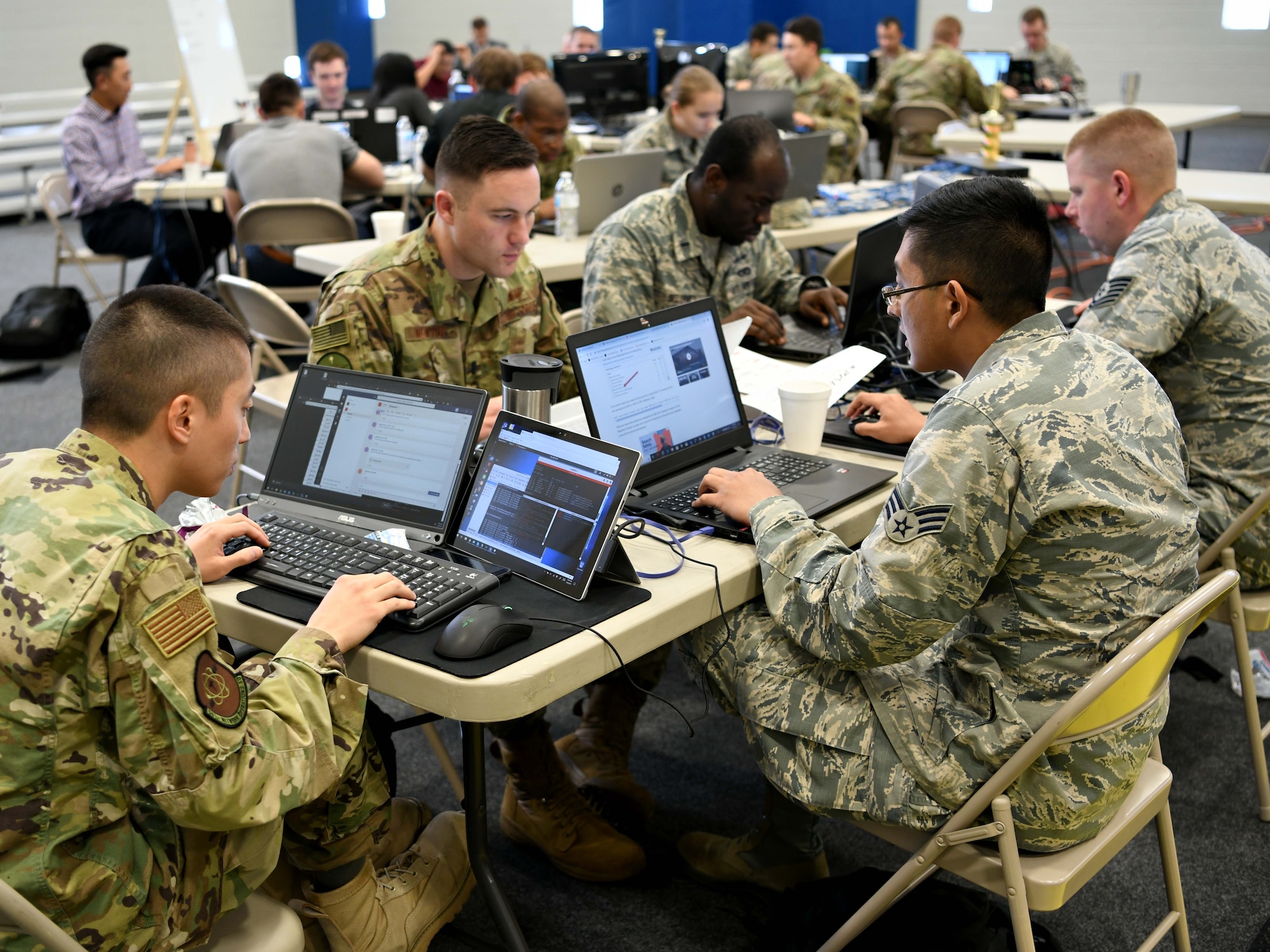 Teams compete in offensive and defensive cyber operations during the 2019 24th Air Force Cyber Competition in San Antonio, Texas, June 3-7, 2019. Eighty-three Airmen from 20 units across the 24th AF competed in the cyber capture-the-flag in hopes of having their names etched on the coveted cyber cup. (U.S. Air Force photo by Tech. Sgt. R.J. Biermann)